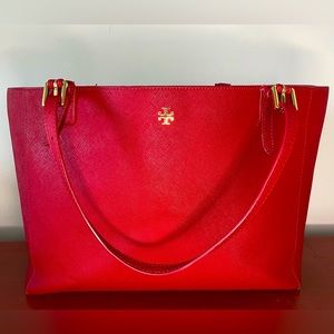 Tory Burch, Saffiano Leather Tote Bag, Red with gold